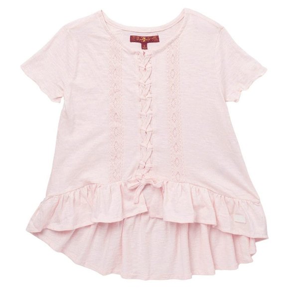 NEW 7 FOR ALL MANKIND Big Kid Lace Up Bow Ruffle Asymmetrical Slub Tee Shirt - Picture 1 of 2